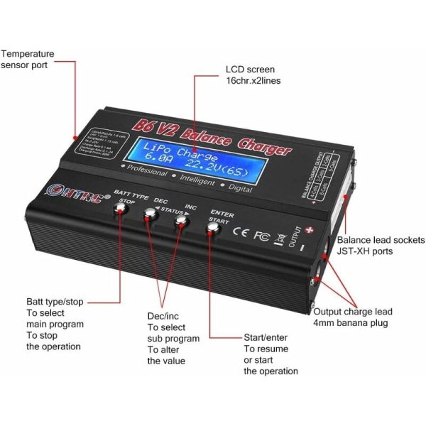 HTRC B6V2 Lithium-ion-oplader Sort 80W 6A, 1S-6S digital oplader, Til Lipo/Li-ion/LiFe/NiCd/NiMH/LiHV/PB Smart Rc Bilbatteri KLB