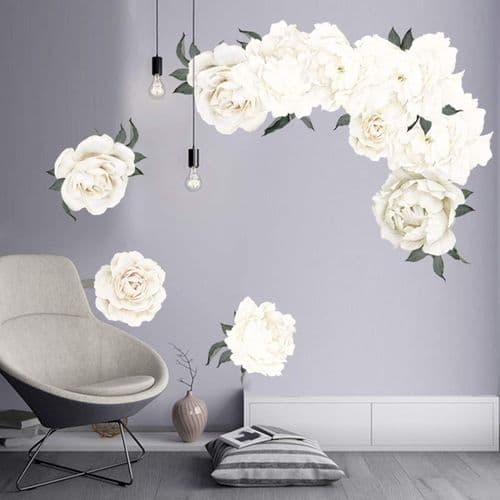 Vita Pion Väggdekaler Blomväggdekaler för Sovrum Akvarell