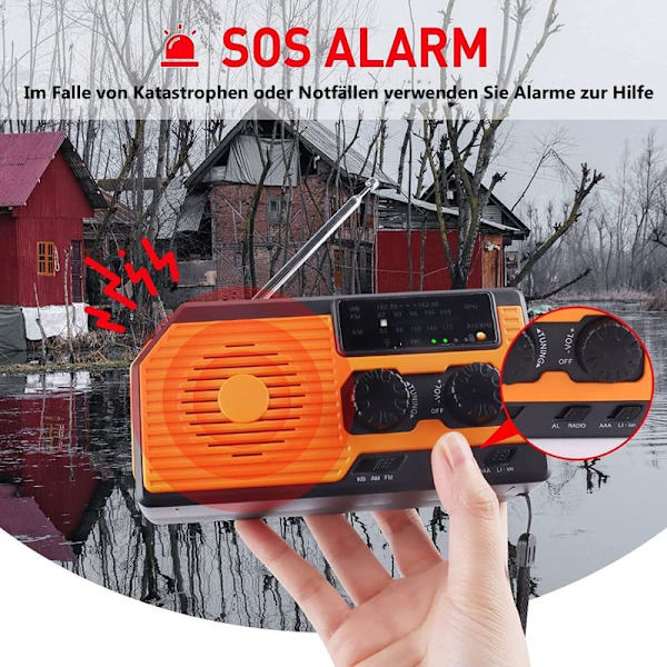 Solcelledrevet radio med håndsving, nødradio, dynamo-radio med solladning, håndsving,