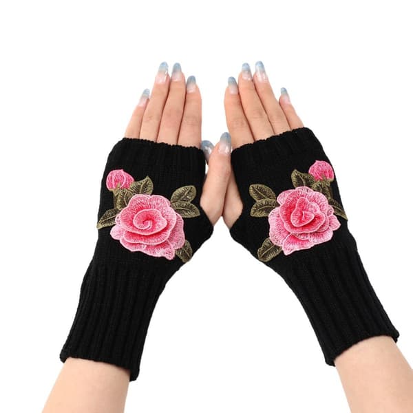 Vinter Fingerless Handsker Halv Finger Handske Sort + Pink Blomst KLB