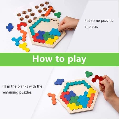 Tangram Pussel, Tangram Träleksaker, Hexagonpussel, Geometriska Leksaker, M