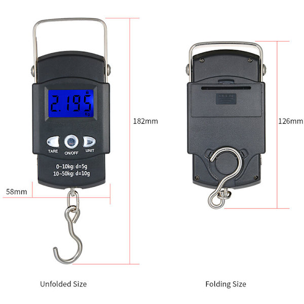 Kantava elektroninen vaaka, 50 kg:n LCD-taustavalaistu digitaalinen kalavaaka, koukkuun ripustettava vaaka mittanauhalla (paristot mukana) KLB