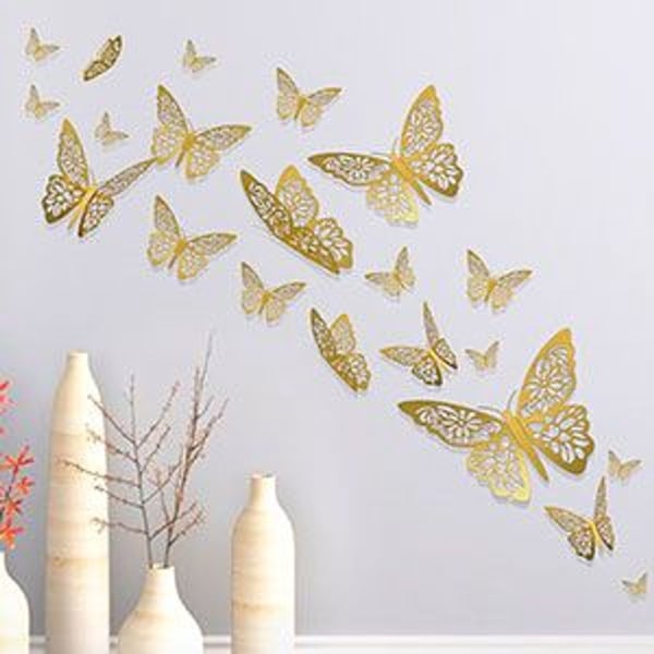 Butterfly Wall Decor Stickers Wall Stickers 48 Delar Gold 3D Art Avtagbar KLB