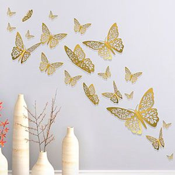Sommerfugl veggdekor klistremerker veggklistremerker 48 stykker gull 3D kunst flyttbar KLB