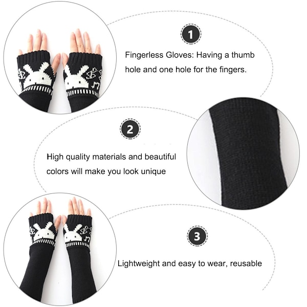 Dame Vinter Fingerless Handsker Strik Arm Varmer Tommelfingerhul Miter med Ka Sort KLB