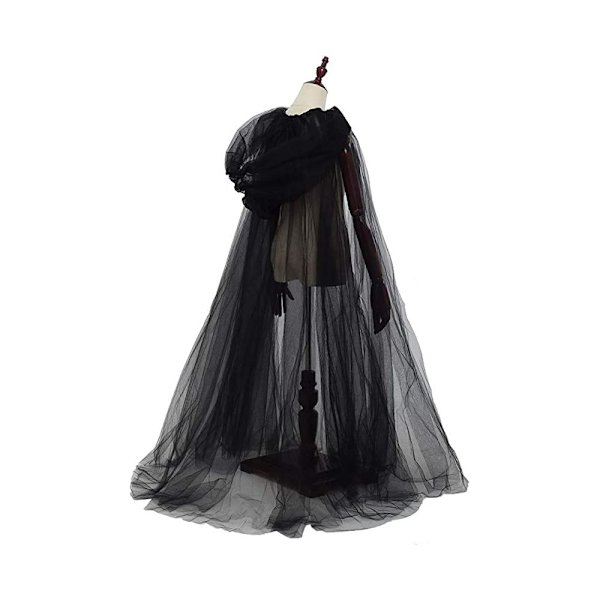Brudekjole med hætte af tyl til kvinder, elverkjole med langt slæb, halloween-kappe, hekse-cosplay, maskefestkostume (sort)