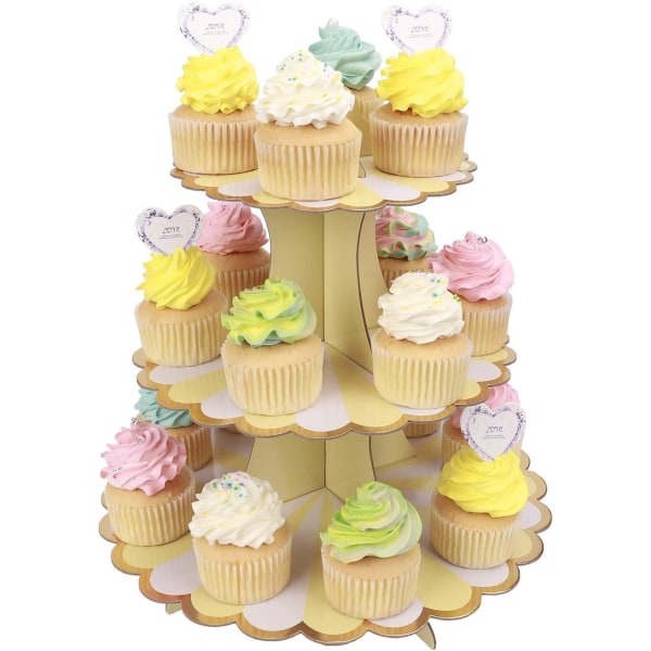 (Keltainen 32cm*30cm) Cupcake-teline 3 kerrosta Kartonki Cupcake-teline Vauvakutsuille Lasten syntymäpäiväjuhlille Teemajuhlille