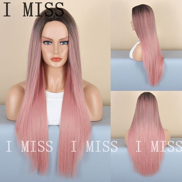 Dame paryk mode gradient pink rød lang lige hår