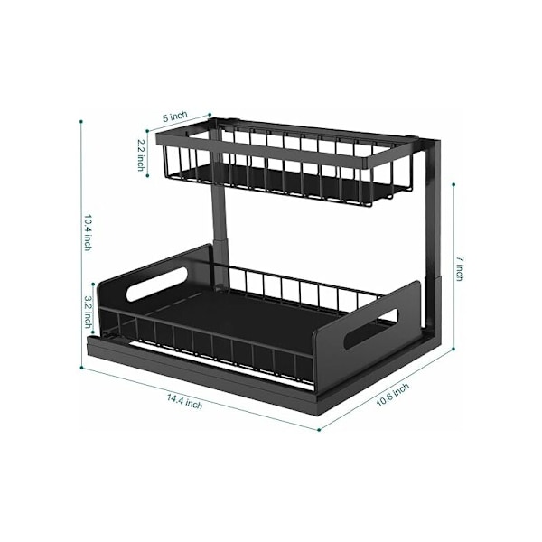 Opbevaring under vask, 2-lags skyde skabarrangør, multi-brug til opbevaring og organisering under vask i køkken og badeværelse (sort) KLB