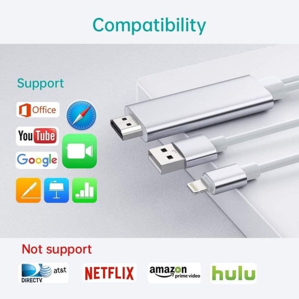 Lightning til HDMI-kabeladapter, iPhone iPad til TV, 1080p
