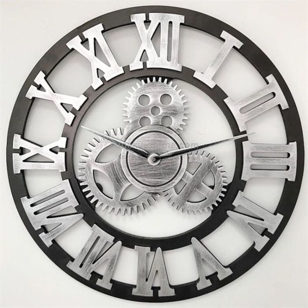 Retro Rund Väggklocka i Trä med Enkelsidig Växel, Romerska Siffror - 30 cm (Silver)