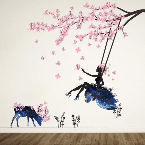 Jente på en huske og elg silhuettveggdekor med rosa sommerfugler veggklistremerke Avtagbar dekorasjon DIY Vinyl veggmaleri S-