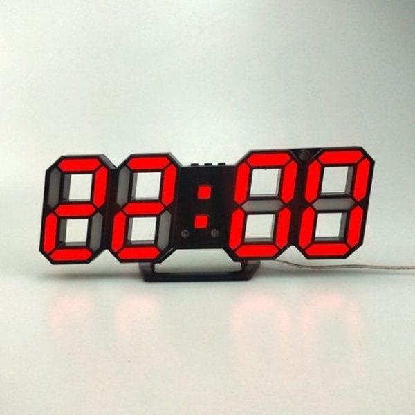 6609 3D Stereo LED-väckarklocka Vardagsrum 3D Väggklocka Svart Ram Rött Ljus
