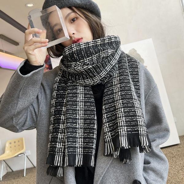 Skjerf for kvinner, rutete pleddskjerf, trendy tartan-skjerf, oversized omslag, svart KLB
