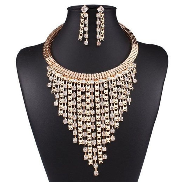 Choker set Gold-tone necklace and earrings with tassels and diamonds