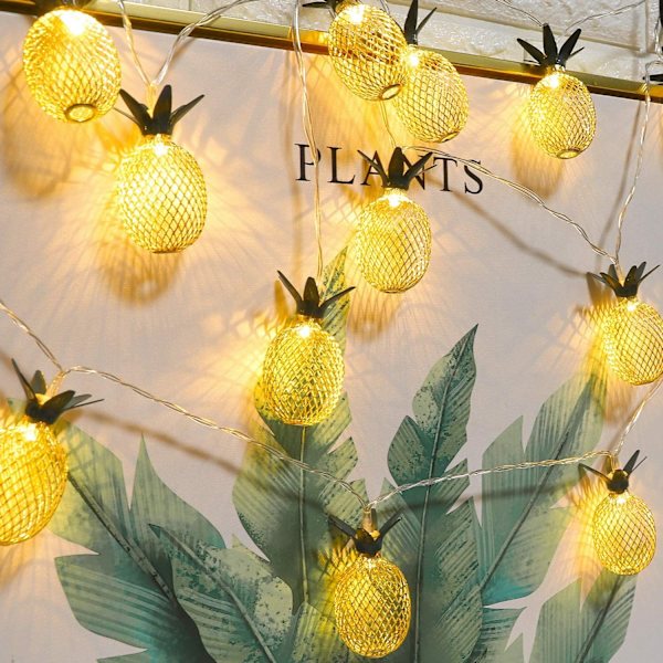 Ananas LED-lyskæde, batteridrevet fe-lyskæde til fest, soveværelse, hjem, fødselsdag, udendørs, hawaiiansk, tropisk, tiki-gaver, dekorationer