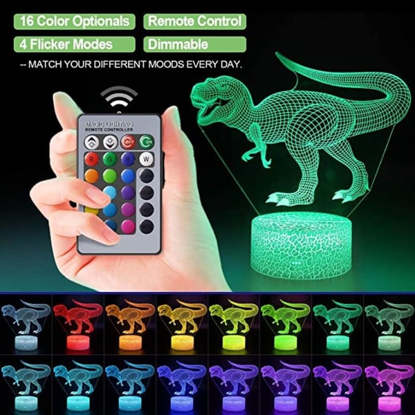 3D LED nattlampa, dinosaurieserie 16 färger fjärrkontroll bordslampa KLB