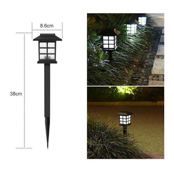 6 stk. LED solcelledrevne lamper til udendørs brug, til terrasse, græsplæne, gårdsplads, indkørsel, sti og landskab - 8,6 x 8,6 x 38 cm (hvidt lys) KLB
