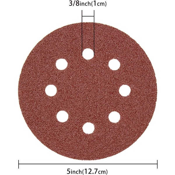100 kpl levysetti - 125 mm 8-reikäinen hiekkapaperi, 10 hiomahiukkaskokoa, mukaan lukien