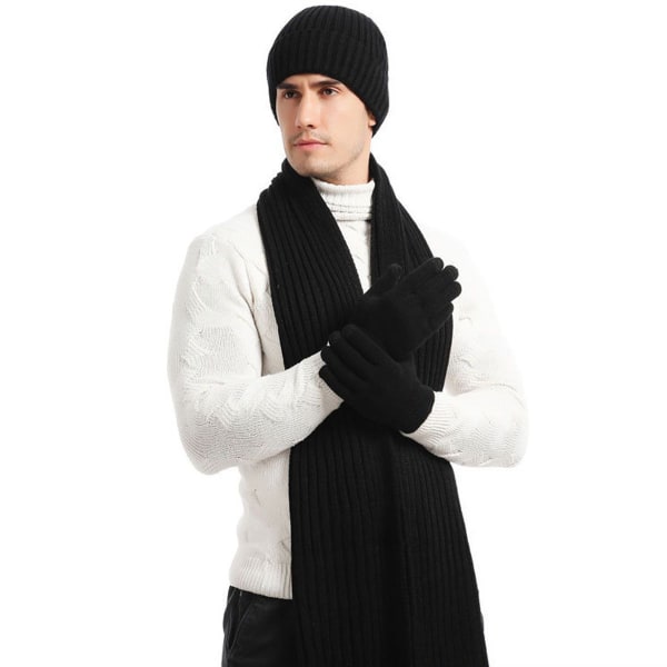 Damevarme vinterhue, hue + langt tørklæde + touchskærm, sort