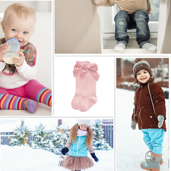 6 dubbla rosa babystrumpor med rosett höst/vinter 15-17cm KLB