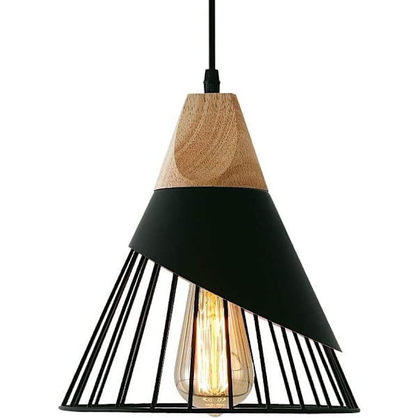 Vintage Pendellampe, Træ Metal Design Industrielle Loftslampe i Pendellamper Lampskærm 27 Belysning Væglampe til Spisestue Køkken, Sort