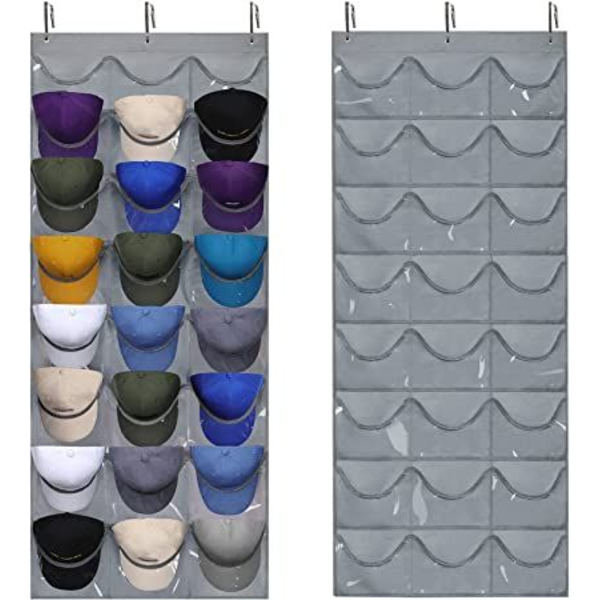 24 Djupa Fickhatthylla - Hat Organizer - Hatthållare för Basebollkepsar, Synlig Hatthållare - Basebollkepshylla för Väggdörr med 3 Krokar