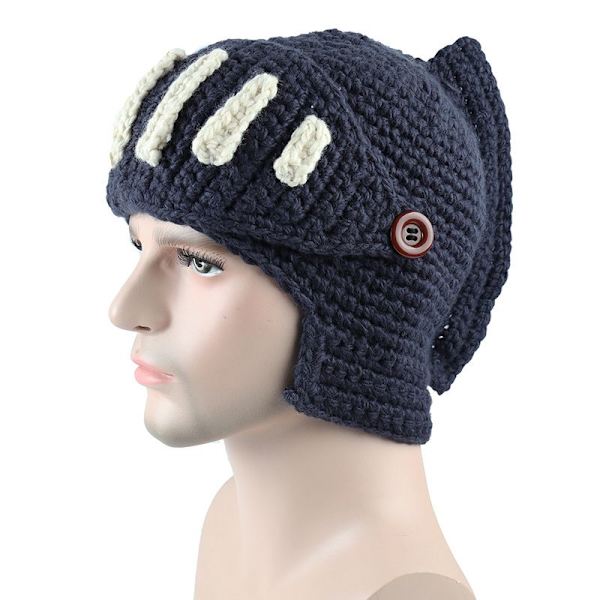 Romersk riddare stickad blå mössa vinter gladiator mask mössa handgjord stickad herrhatt