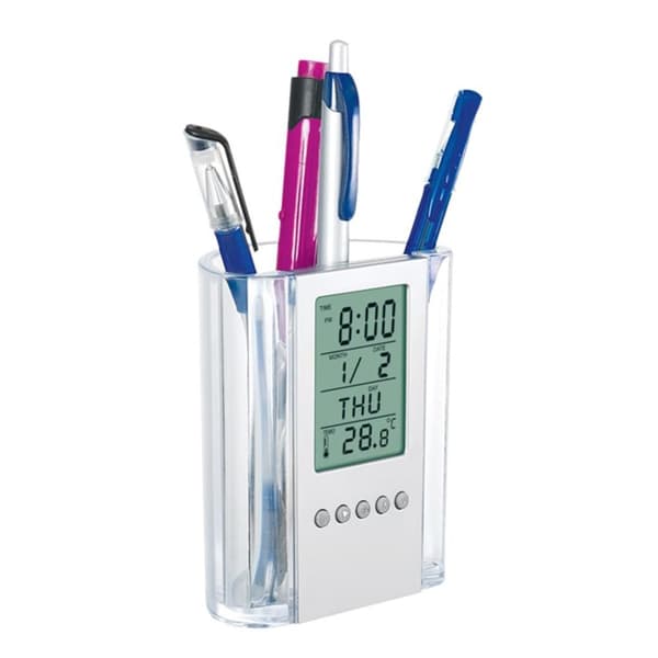 Pen Pen Holder Digital LCD Skrivbordslarm Klocka Pen Holder Kalender Timer