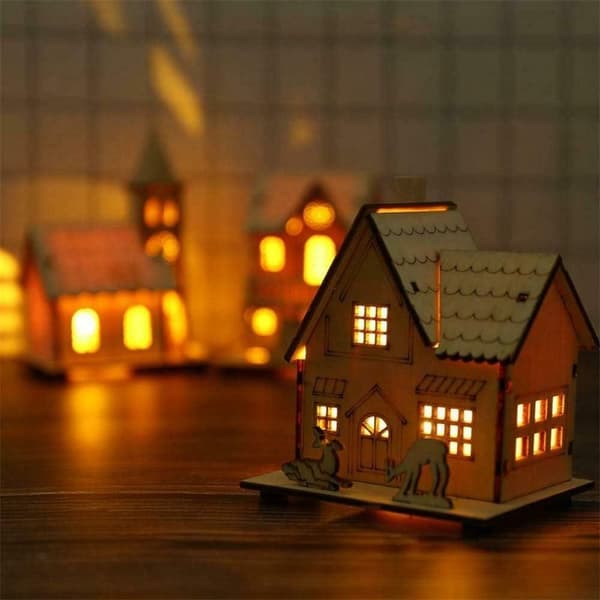 Ny rustik LED trækirke, DIY træ julelandsby scene, til belysning