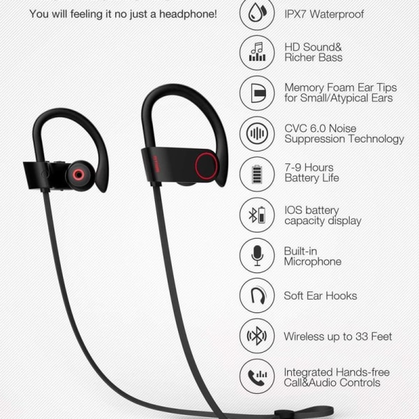 Bluetooth-hovedtelefoner, trådløse øretelefoner IPX7 vandtætte, sorte