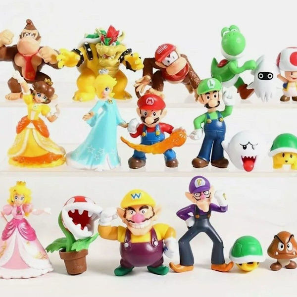 Super Mario Figurer Figur 18 stk Legetøj Legetøjsfigur Peach Wario Bowser Luigi osv KLB