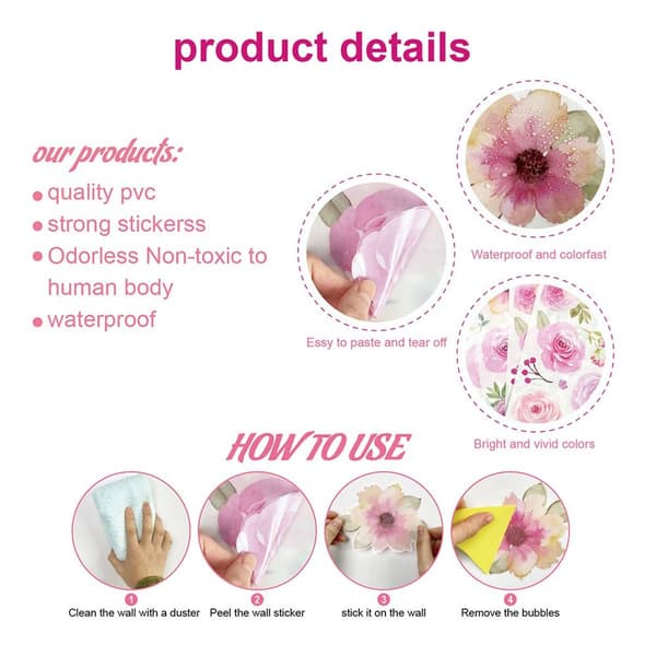 Akvarell Rosa Blommor Väggdekaler för Flickors Sovrum Bröllop KLB