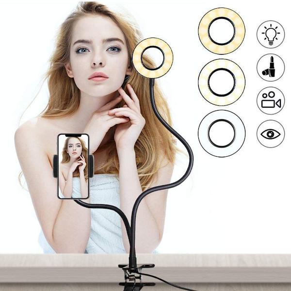 Concept 2 i 1 LED Selfie ring lys bordmontering lys iPhone Holder med KLB