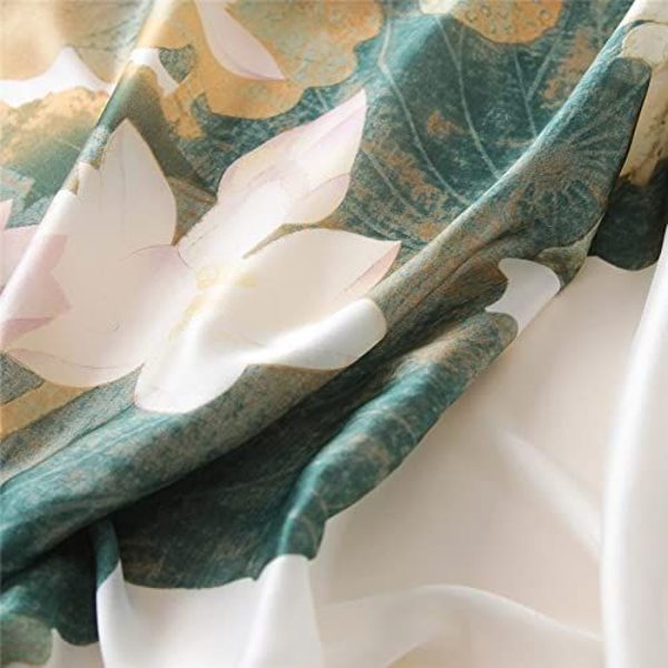 Silke Blomstersjal til Kvinder, Silkesjal Kvinder Grøn Blomst Enkel Mode Wrap Skinnende Hudfarve Blomstersatin Sjal Kvindelige Damer og Piger Luksusgave