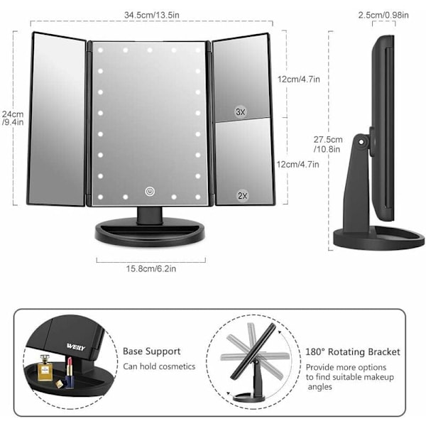 Makeup spejl med 22 LED-lys, dobbelt strømforsyning 2X/3X LED-belyste forstørrelsesspejle (sort) KLB