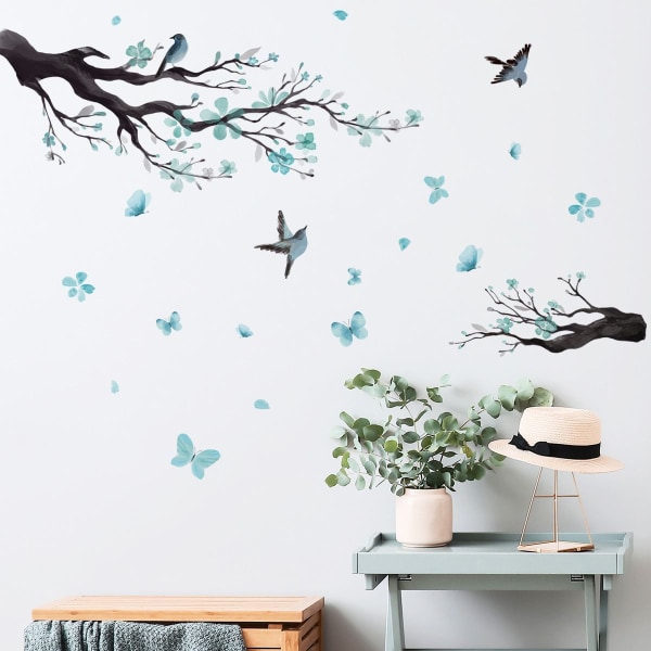 Akvarell blå blomma väggdekal blomma fågel gren väggdekal vardagsrum sovrum KLB