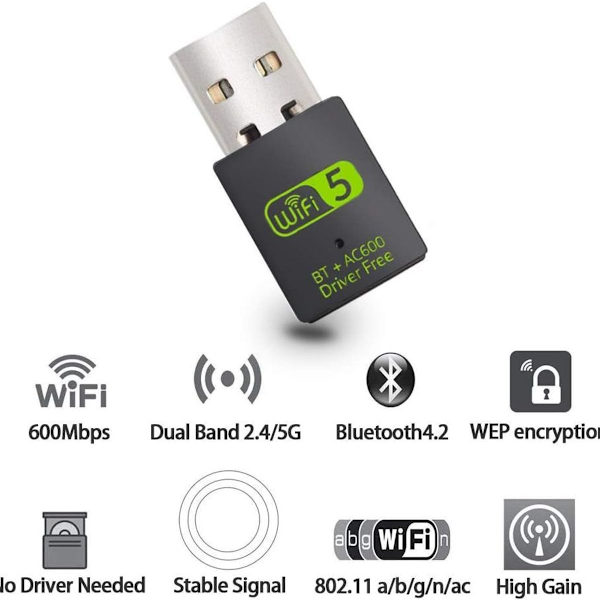 USB WiFi Bluetooth -sovitin, 600 Mbps:n kaksitaajuinen langaton verkko