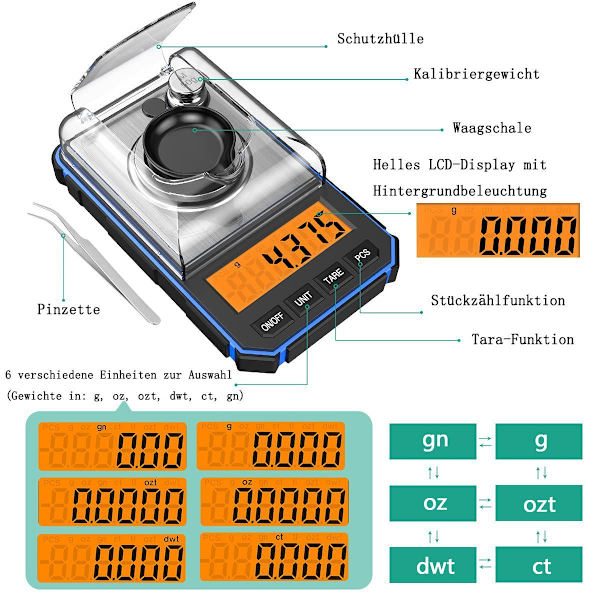 Precisionsskala 50 g / 0,001 g, digital milligramsskala med LCD-display, KLB