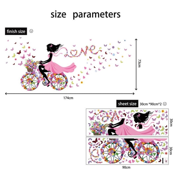 Romanttinen vaaleanpunainen kukkaperhonen keijutyttö kukka-polkupyörällä irrotettavat seinätarrat tarrat, lasten vauvan makuuhuoneen lastentarha -