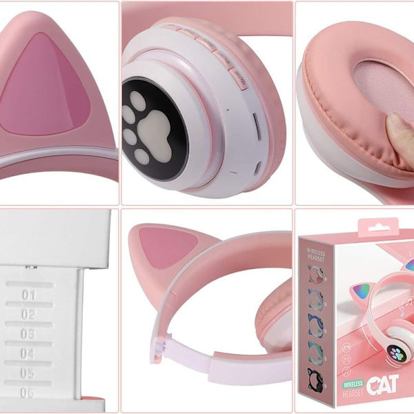 Vackert stereospelheadset med mikrofon, kattöron, ladyrosa