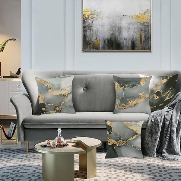 Set om 4 kuddfodral Marmor Svart Guld Abstrakt Art Deco Soffa