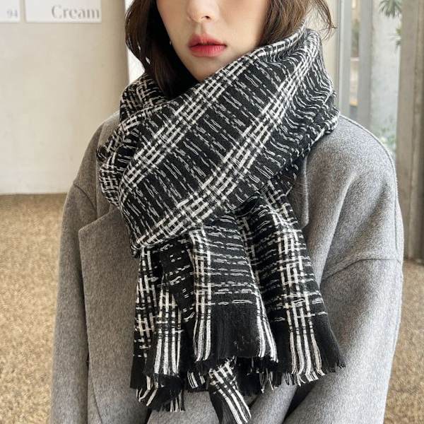 Skjerf for kvinner, rutete pleddskjerf, trendy tartan-skjerf, oversized omslag, svart KLB