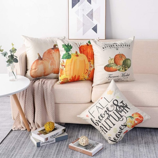 Thanksgiving Day putetrekk, sett med 4 høst bomull og lin dekorative putevar sofa bil hjem dekor putetrekk 45x45 cm (gresskar-B)