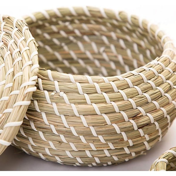 Pakke med 3 Vævede Sægrørkurve Flettet Rattan Opbevaringskurve Rund Æske