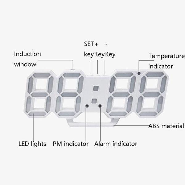 6609 3D Stereo LED-väckarklocka Vardagsrum 3D Väggklocka Svart Ram Rött Ljus