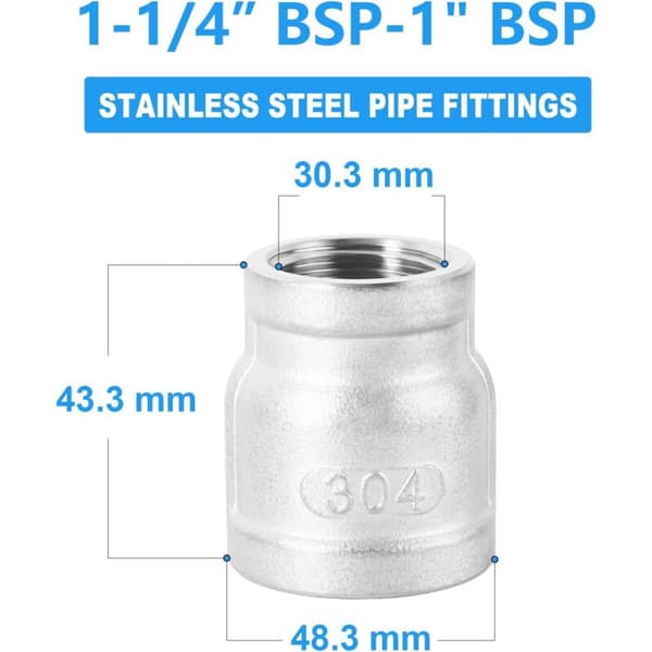 1 stk. 1-1/4\" x 1\" BSP hun-reduktionsfitting, rustfrit stål 304 rørfittings, KLB