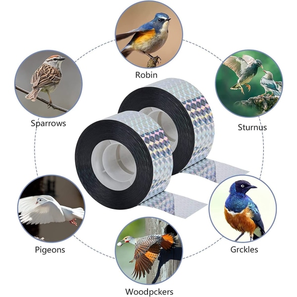 Reflekterende fugleavskrekkende tape, 2 ruller anti-fuglteip, fugledueavskrekkingstape, for å beskytte balkonger og trær, frastøte fugler (2,4 cm)