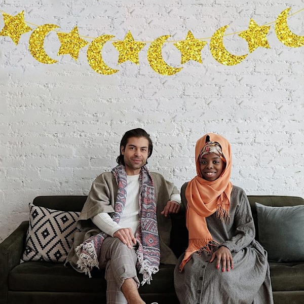 4 stk. Eid Mubarak banner sæt, guld glitrende Eid banner og måne stjerner