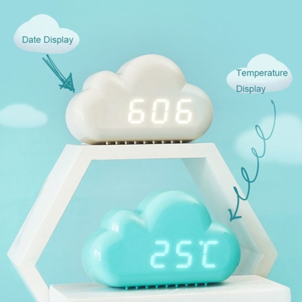 Sødt LED-vækkeur til sengekanten med stemmestyring i skyform (blå)